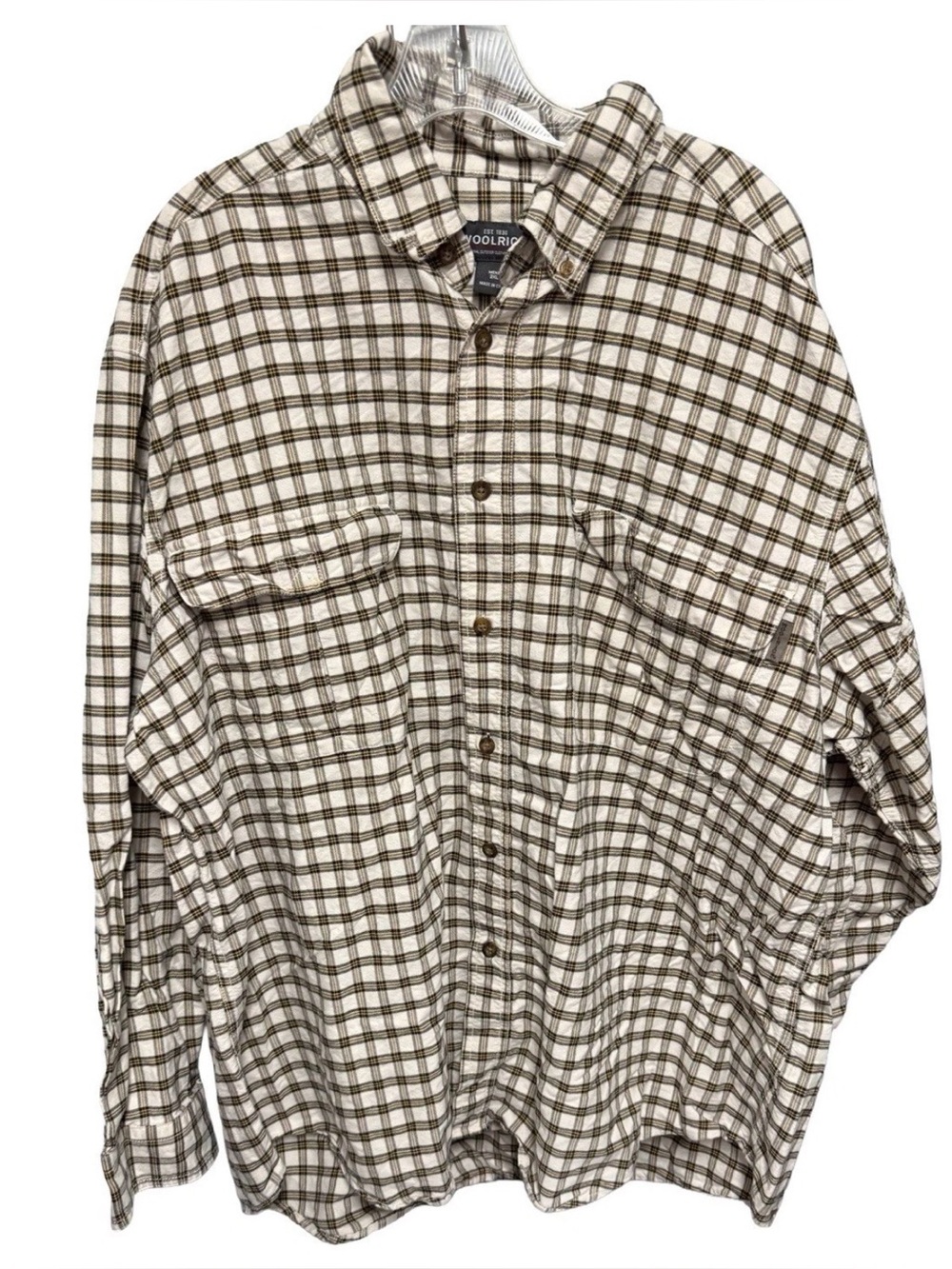 Woolrich Men’s 2X Cream & Brown Plaid Button-Up Shirt